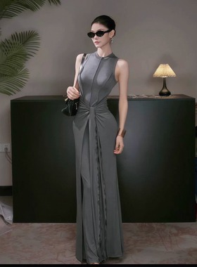 instunning高级感灰色无袖背心礼服裙女夏季新款气质设计感包臀裙
