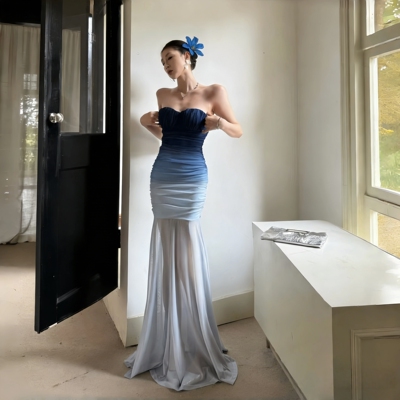 度假晕染渐变抹胸显瘦鱼尾裙