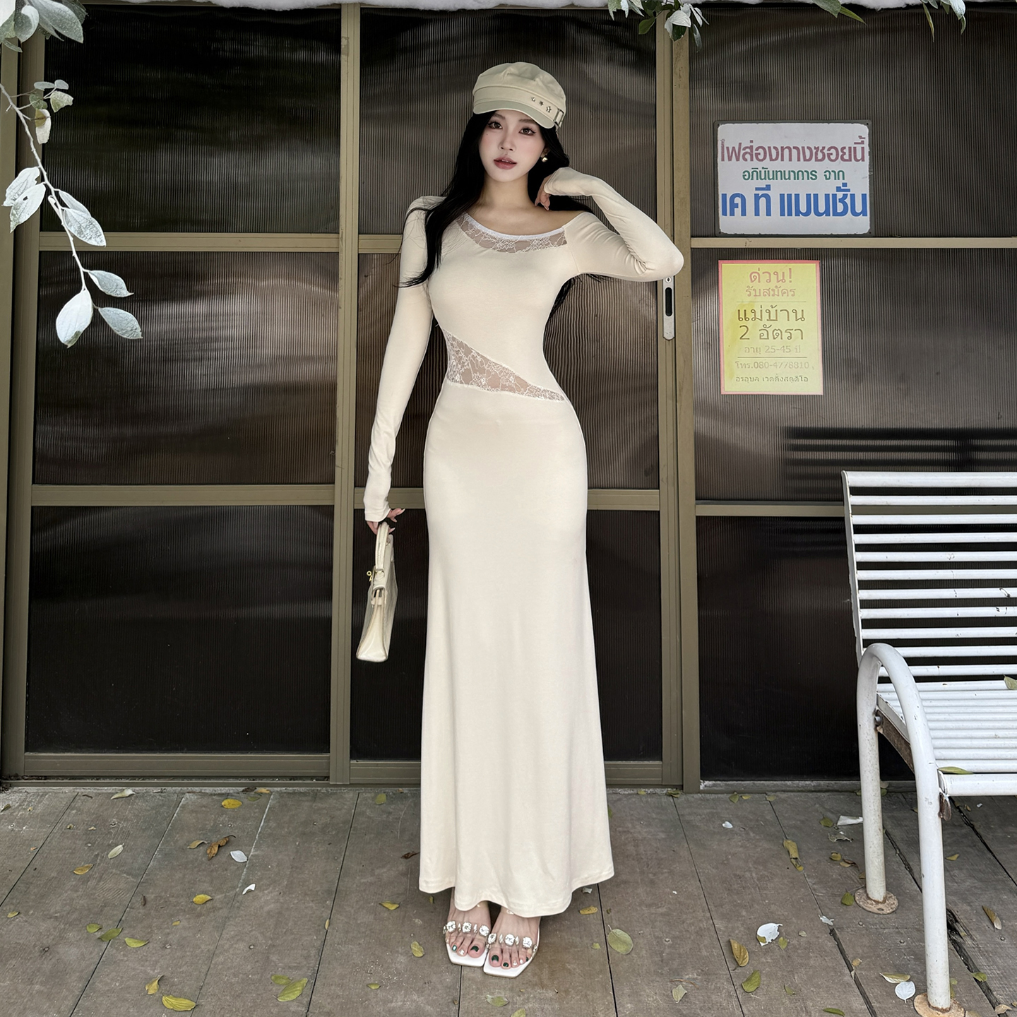 杏色长袖斜肩蕾丝连衣裙女