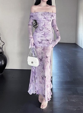 instunning法式复古紫色印花礼服裙女御姐风高级感气质露肩鱼尾裙