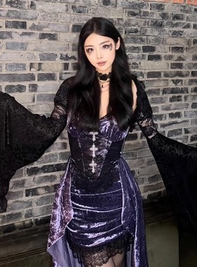 万圣节服装哥特风紫色连衣裙女辣妹洛丽塔吊带裙披肩罩衫套装裙子