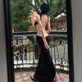 高级感辣妹风性感露背蝴蝶结半高领长裙2025新款 御姐气质镂空长裙