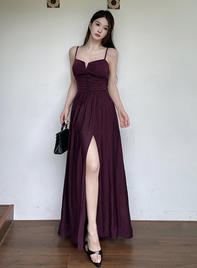 instunning法式紫色镂空开叉吊带连衣裙女夏季新款设计感露背长裙