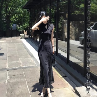 气质改良提花鱼尾包臀裙 旗袍连衣裙女2026新款 新中式 国风黑色无袖