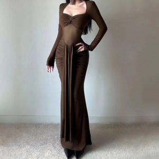 isntunning 设计感扭结网纱拼接连衣裙女秋冬纯欲性感内搭鱼尾裙