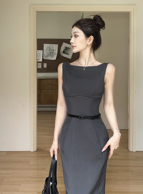 instunning高级感灰色无袖背心连衣裙女夏季职场海妖风气质长裙子