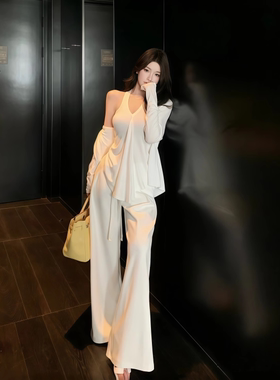 instunning 白色v领背心开衫外套女慵懒风时尚套装女气质三件套装