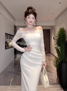 御姐风性感蕾丝一字肩白色连衣裙女2025新款巨好看早秋连衣裙长裙