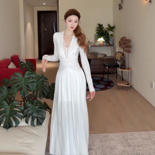 早秋巨好看的长袖礼服裙女蕾丝拼接纯欲风v领大摆长裙高级感a字裙