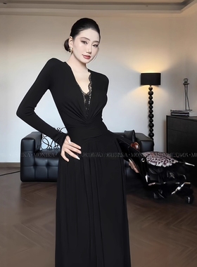 instunning御姐蕾丝拼接v领长袖连衣裙女2025新款高级感包臀裙子