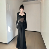 INSTUNNING御姐风黑色网纱拼接包臀裙女秋冬设计感性感修身 鱼尾裙