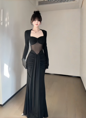 INSTUNNING御姐风黑色网纱拼接包臀裙女秋冬设计感性感修身鱼尾裙