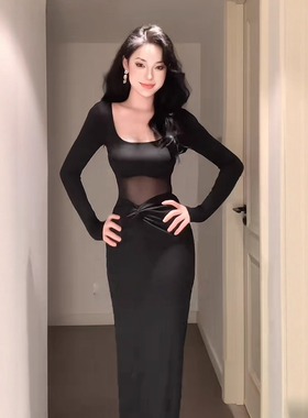 instunning法式性感黑色网纱连衣裙女秋冬内搭打底裙收腰包臀裙子