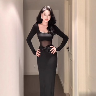 instunning法式 性感黑色网纱连衣裙女秋冬内搭打底裙收腰包臀裙子