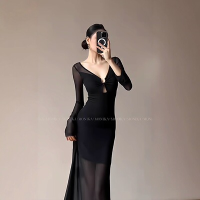 复古V领网纱长袖连衣裙女