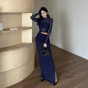 instunning高级感一字肩网纱镂空连衣裙女2025新款性感露腰包臀裙