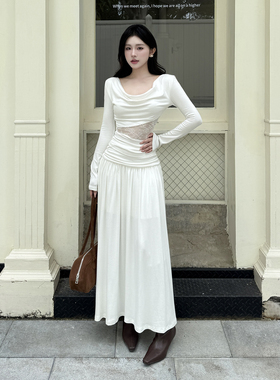 轻熟法式风白色蕾丝镂空长袖连衣裙女2025秋季气质收腰设计感长裙