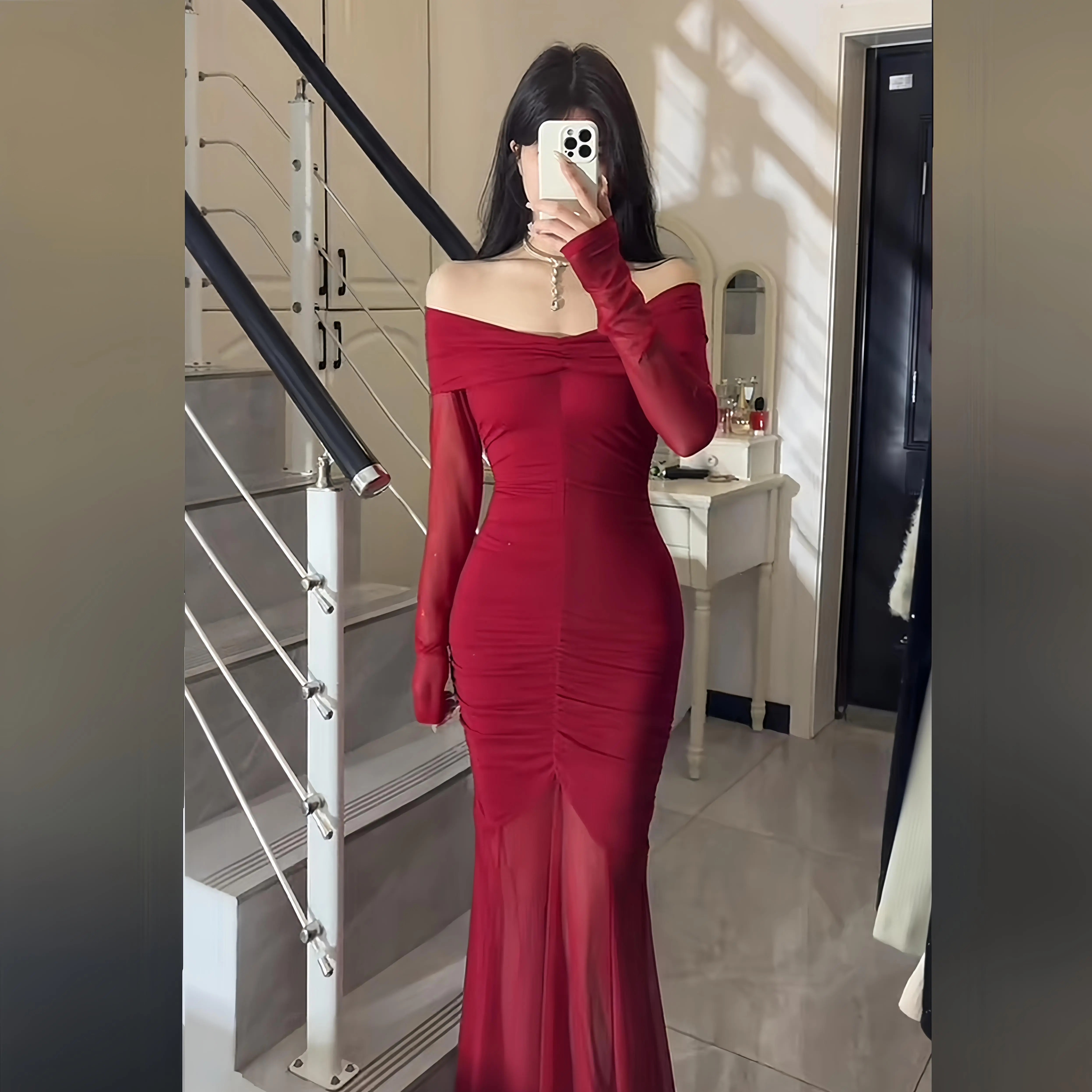 instunning绝美一字肩红色礼服裙女纯欲性感生日约会网纱气质长裙