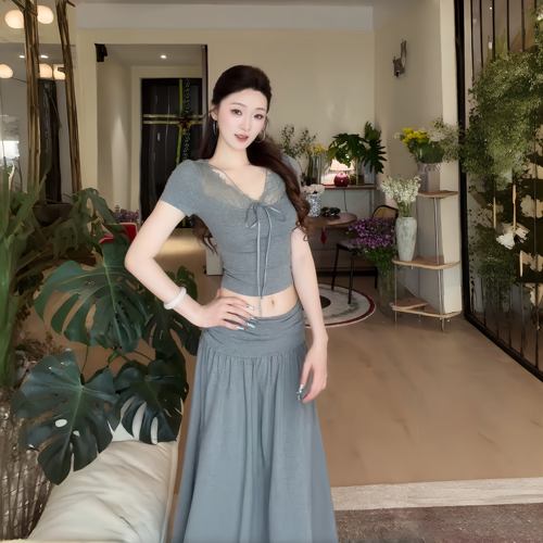 夏季蕾丝V领显瘦高腰套装裙
