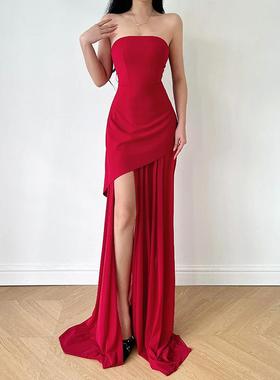 instunning御姐风红色抹胸礼服裙女圣诞穿搭气质网纱晚宴长裙子