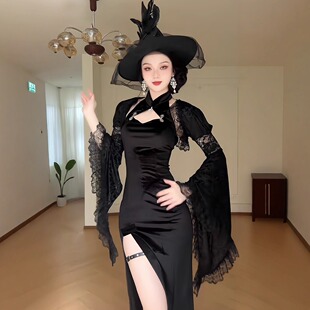 蕾丝罩衫 万圣节哥特风黑色蕾丝拼接长袖 旗袍套装 新款 连衣裙女秋季