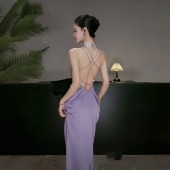 紫色缎面性感挂脖吊带裙子2026春季 度假风露背收腰显瘦长裙子 新款