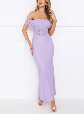 纯欲风紫色一字肩蕾丝镂空连衣裙女夏季新款高级感性感抹胸长裙子