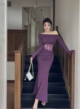 instunning性感蕾丝鱼骨拼接长袖连衣裙女秋季一字肩紫色性感长裙