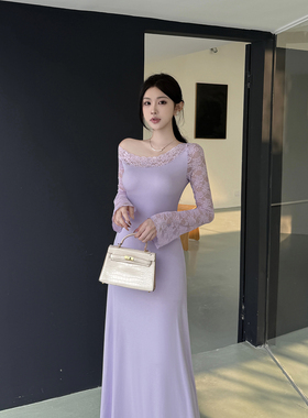 instunning 温柔风紫色蕾丝斜肩连衣裙女秋季新款打底内搭长裙子