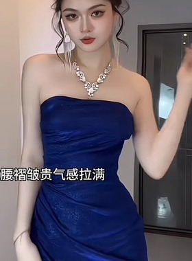instunning蓝色闪闪抹胸礼服裙女生日宴会高级感气质性感开叉长裙