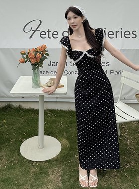 instunning法式气质飞飞袖方领连衣裙女赫本风黑色波点高级感长裙