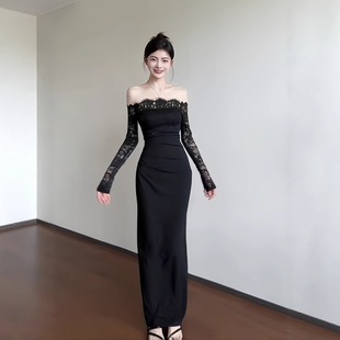 生日裙子高级感包臀裙 连衣裙女2025秋新款 法式 一字肩蕾丝拼接长袖