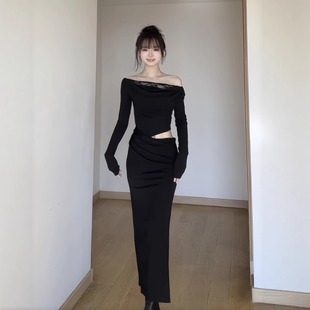 黑色蕾丝拼接斜肩长袖 复古性感辣妹露腰包臀裙 连衣裙女2025秋新款