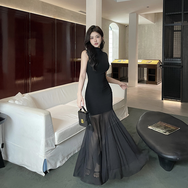 御姐风针织网纱连衣裙女