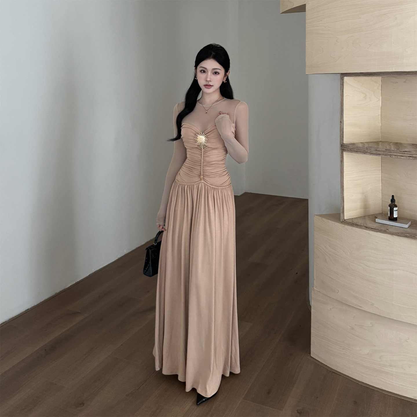 网纱拼接长袖气质长裙