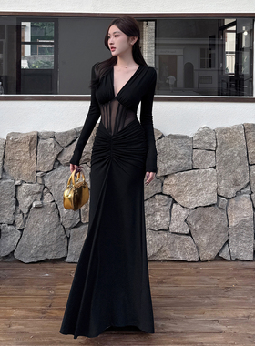 INSTUNNING 御姐风黑色深V长袖连衣裙女高级感收腰性感开叉长裙子
