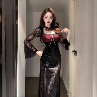 万圣节服装 哥特风暗红色蕾丝连衣裙女复古cos吸血鬼丝绒鱼尾裙子