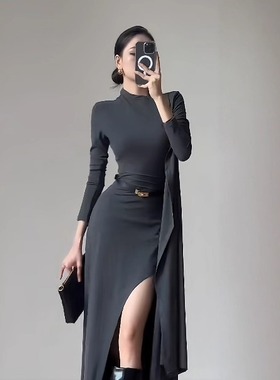 肯豆同款裙子御姐风灰色不规则开叉包臀裙女2025高级感气质礼服裙