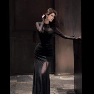 纯欲性感网纱拼接长袖生日礼服裙夏季辣妹收腰显瘦包臀鱼尾裙长裙