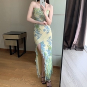 性感开叉包臀裙 新款 新中式 国风油画裙女度假出游气质抹胸裙子夏季