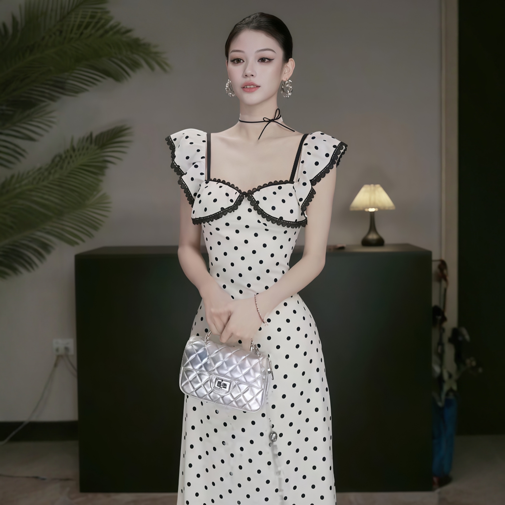 法式小飞袖复古蕾丝波点连衣裙