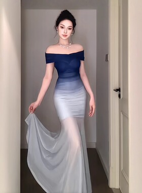 御姐绝美气质一字肩蓝色晚礼服裙女高级感渐变色网纱包臀鱼尾裙子