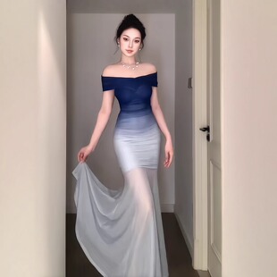 御姐绝美气质一字肩蓝色晚礼服裙女高级感渐变色网纱包臀鱼尾裙子