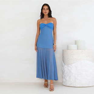 独特绝美初夏穿搭网纱拼接扭结抹胸连衣裙夏季新款露背修身包臀裙