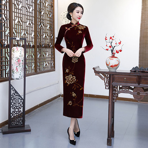 二小姐旗袍｜春秋新品金丝绒旗袍长款高贵婚礼妈妈婚宴礼服