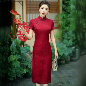 二小姐旗袍｜高档红色真丝旗袍婚宴装2024新款中式桑蚕丝