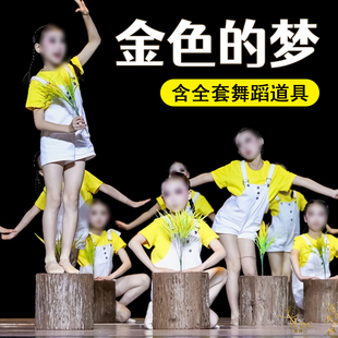 彩色短袖 少儿表演服装 T恤 梦舞蹈演出服道具六一儿童背带裤 金色