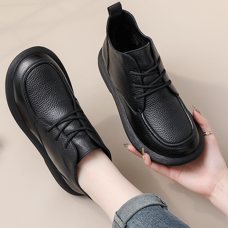 牛皮妈妈鞋子秋冬款加绒保暖防滑真皮软底中年短靴轻便中老年棉鞋