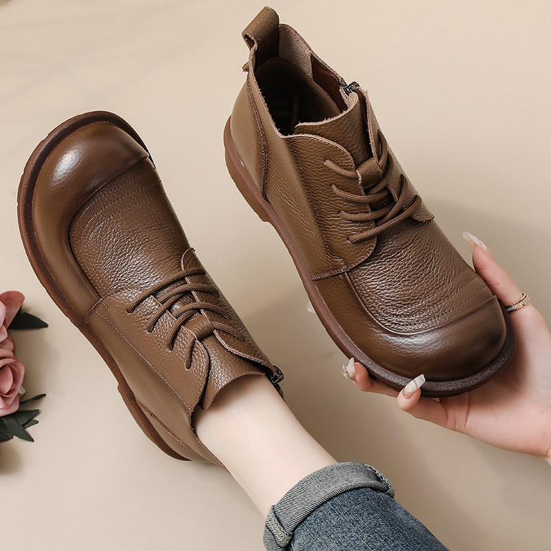 头层牛皮2025秋冬新款加绒单靴妈妈短靴马丁靴真皮软底中年女靴子