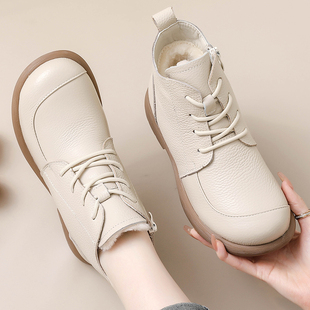 头层牛皮白色短靴女2025新款冬季皮靴子加绒真皮软底妈妈鞋马丁靴